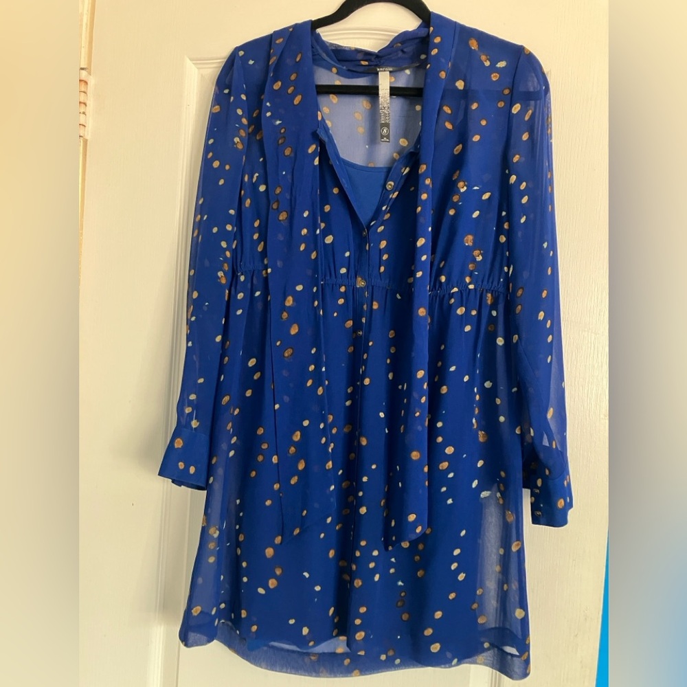 Kensie Navy Blue Sheer Tunic Dress with Gold Dot Print